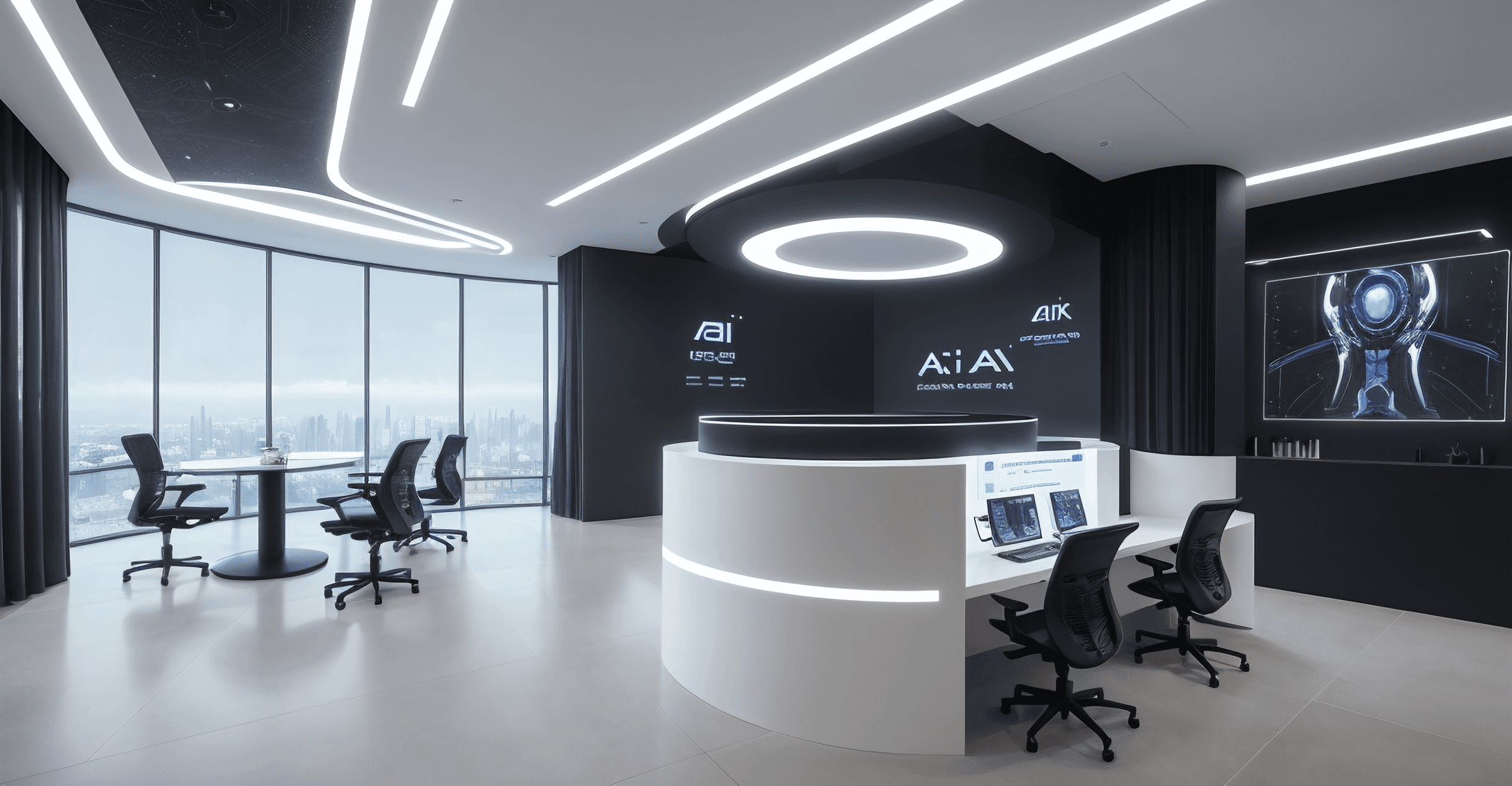 A futuristic office setting showcasing AI technology in action, with diverse professionals collaborating around a digital interface; emphasis on automation and efficiency.